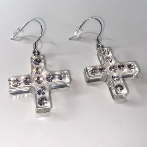 Women’s Lucite Cross Earrings Embellished With Swarovski Crystal Stones, New